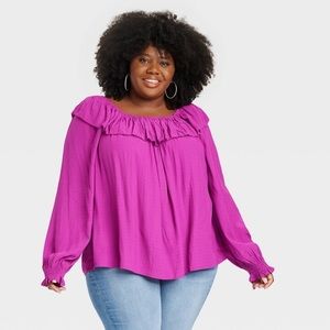 ✨NWT Target Knox Rose Purple Puff Sleeve Ruffle Neck Peasant Blouse Top Size XXL